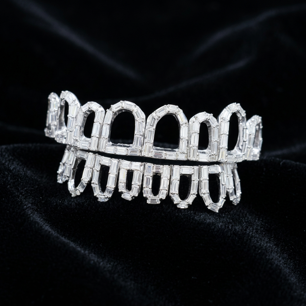Baguette diamond grillz on black velvet