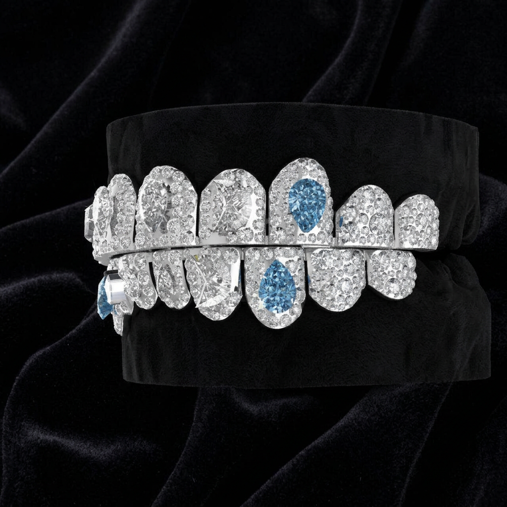 White gold and blue diamond grillz render on black velvet